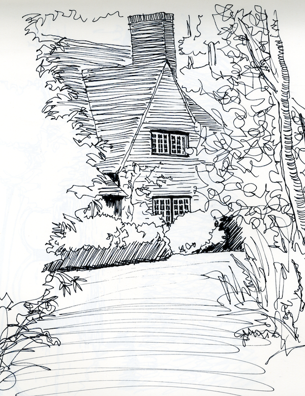 Hand drawn sketch of cottage nestled among trees by Blake Segars