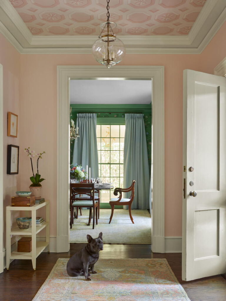 A dog sits on a rug in a hallway with a view through to green-tone dining room