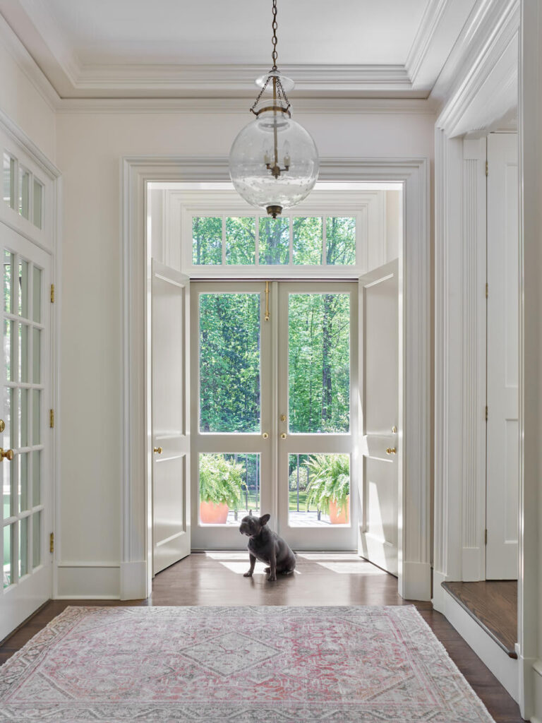 A dog sits in front of windowed double doors that look out to greenery