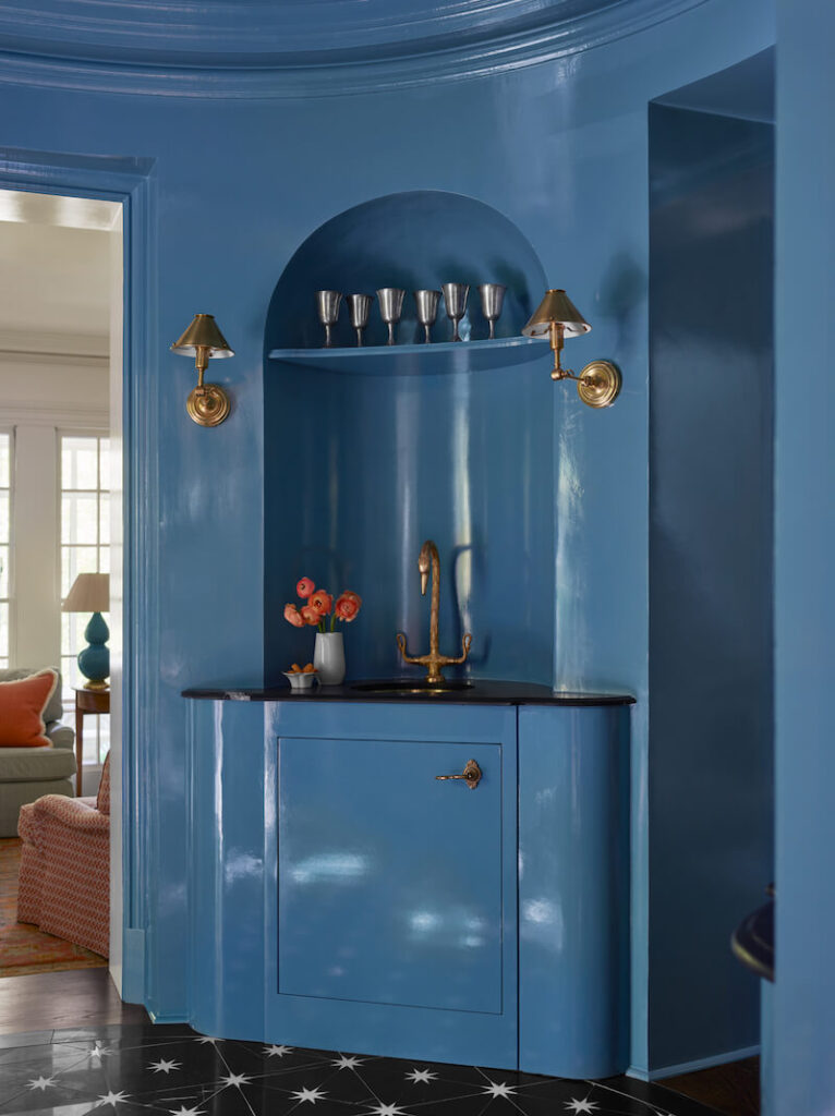 Blue wetbar with gold fixtures